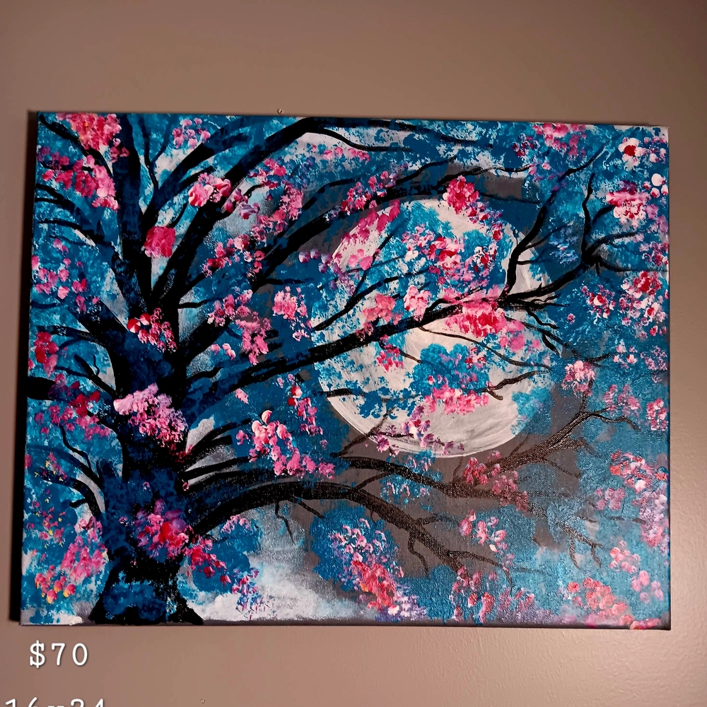 Custom Painting  Moonlit Cherry Blossom Canvas Art